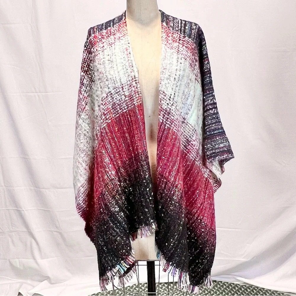 Red gray stripe wrap maxi‎ long length cape shawl poncho scarf pinklicious new